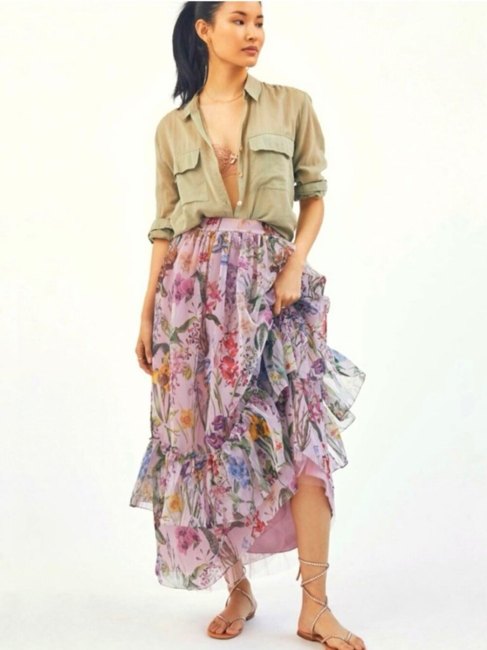 NWT Geisha Designs Anthropologie Sheer Floral Orchid Ruffle Hem Midi Skirt Pink